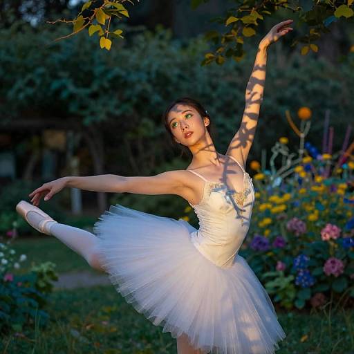 Photograph of a ballet dancer in a white tutu, illuminated by sunlight through leaves, performing an elegant arabesque in a vibrant garden.