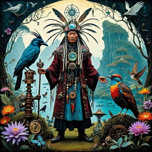 Island Shaman with Animal Spirits in Steampunk Fairyland