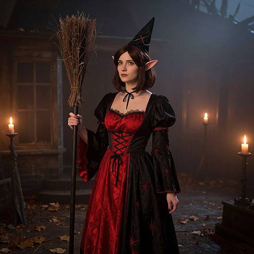 Photograph of a young woman in a black witch hat, red and black corset dress, holding a broomstick, surrounded by lit candles in