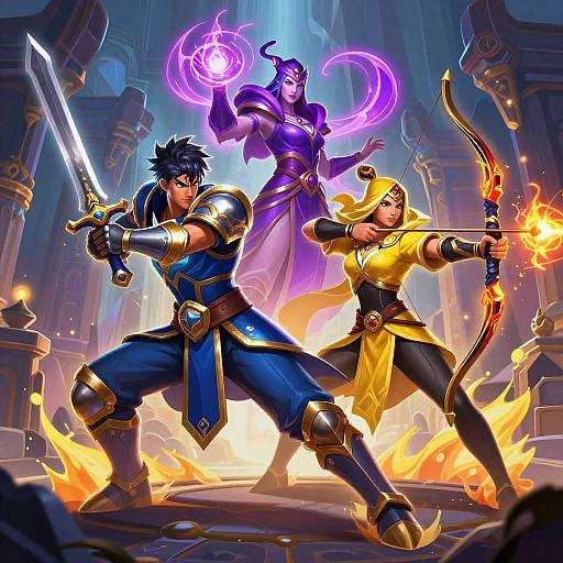 Digital fantasy art of three warriors: blue-armored man with sword, yellow-robed woman with bow, and purple-skinned sorceress with swirling