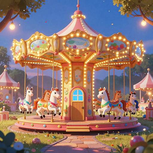 Vibrant, cartoon-style digital illustration of a colorful, lit carousel with five animated, smiling horses in bright, festive attire, set in a lush