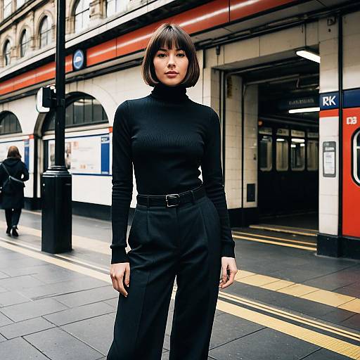 Woman in Black Turtleneck Posing at London Underground