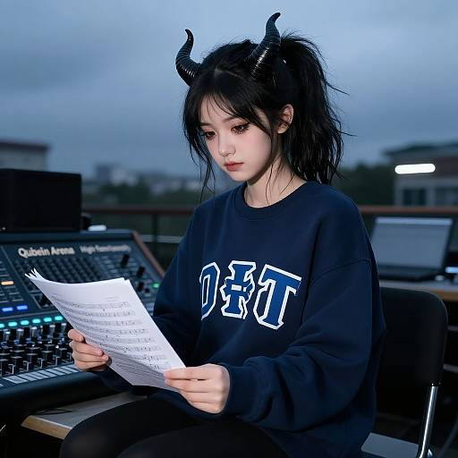 Photograph of an Asian woman with black hair, small horns, wearing a black 