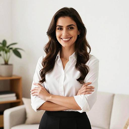 Photograph of a smiling woman with long dark hair, wearing a white blouse and black skirt, arms crossed, standing in a bright, modern living room