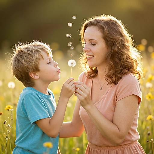 Photograph of a smiling mother with wavy brown hair in a peach dress, holding a dandelion puff with her blonde son in a blue shirt