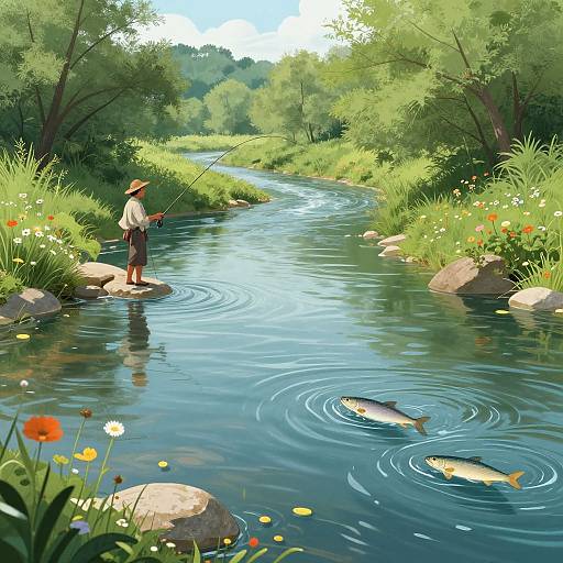 Digital illustration of a fisherman in a straw hat standing on a rock in a sunny, lush river, casting a line, with three fish swimming near