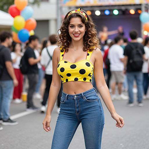 Photograph of a smiling woman with curly brown hair, wearing a yellow polka dot crop top, blue jeans, and a yellow headband, standing