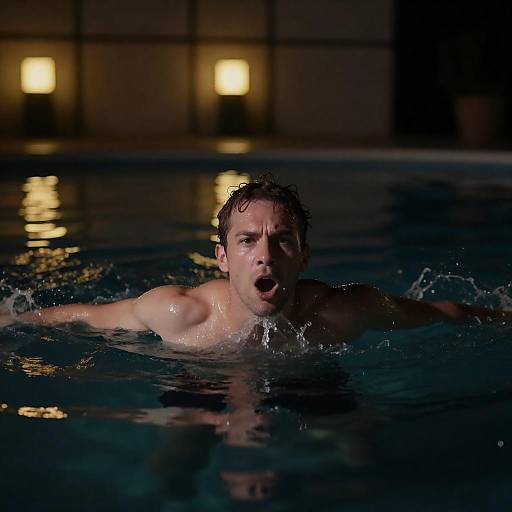 Man Swimming at Night with Dramatic Lighting