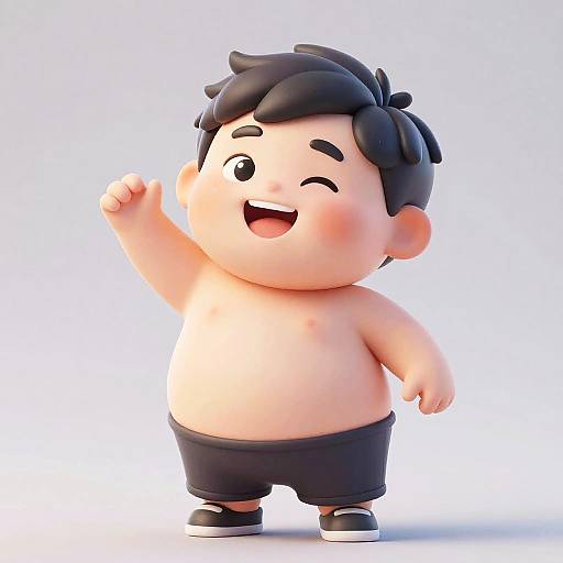Chubby, cartoon-style, 3D-rendered boy with black hair, winking, smiling, raising right hand, wearing black shorts and shoes