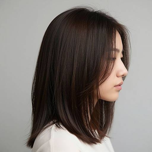 Side profile photograph of an Asian woman with straight, black, shoulder-length hair, wearing a white top, against a plain light gray background.