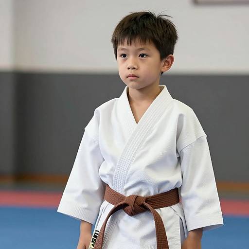 Boy in Karate Uniform with Brown Belt