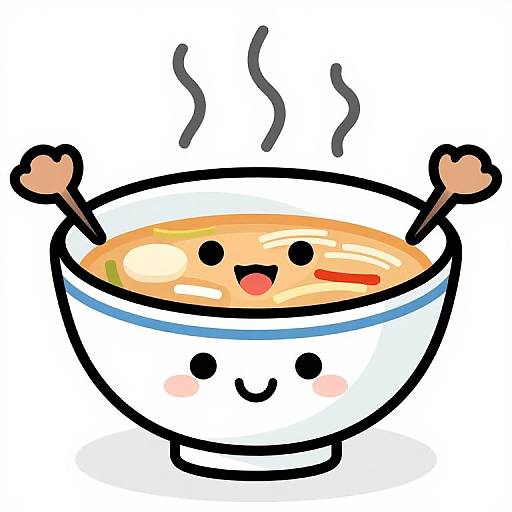 Cute, cartoon-style drawing of a smiling bowl of hot ramen with chopsticks, blush cheeks, and steaming lines, against a white background.