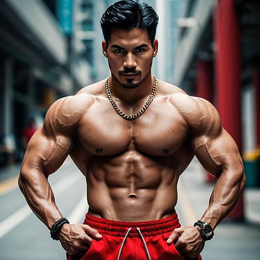 Muscular shirtless man in red pants with gold chain