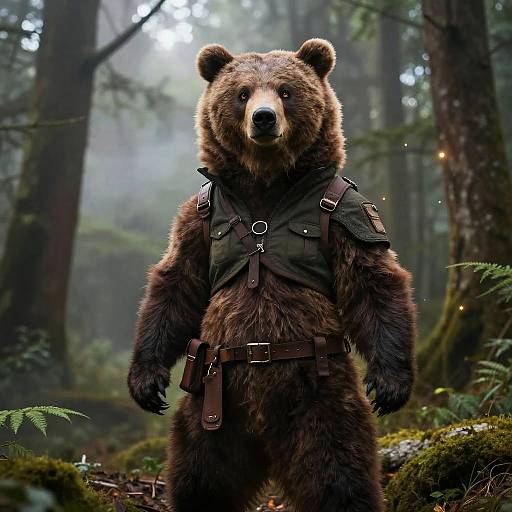 Confident Female Bear Ranger in Foggy Forest