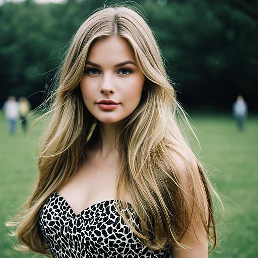 Blonde Woman in Black and White Dress Outdoors