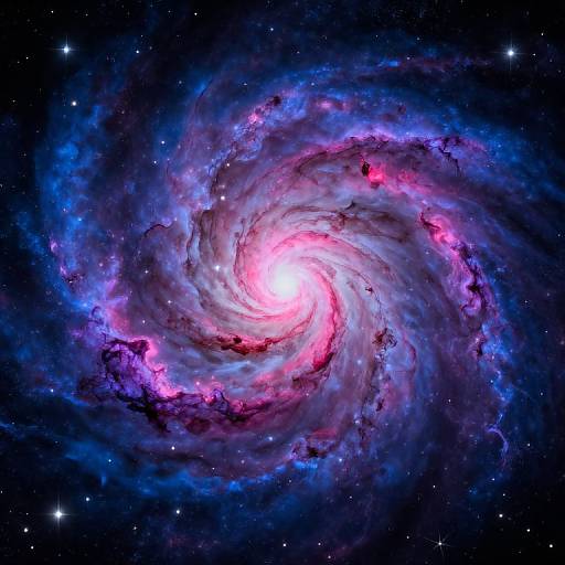 Photograph of a vibrant spiral galaxy with a bright, glowing core surrounded by swirling clouds of blue, purple, and pink gas and dust against a star