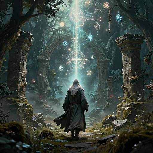 Digital fantasy art: lone figure in dark cloak stands before glowing, ethereal portal surrounded by ancient, moss-covered ruins in mystical forest.