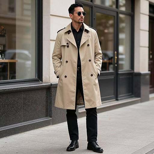 Photograph of a stylish man in a beige trench coat, black shirt, black pants, and sunglasses, standing on a city sidewalk.