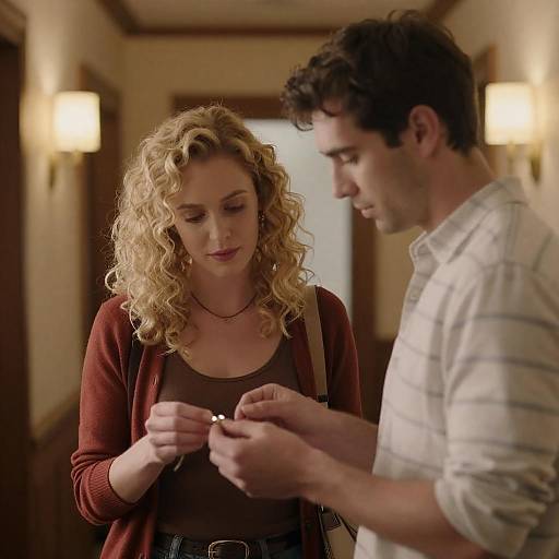 Intimate Hallway Portrait: Couple Examining Object
