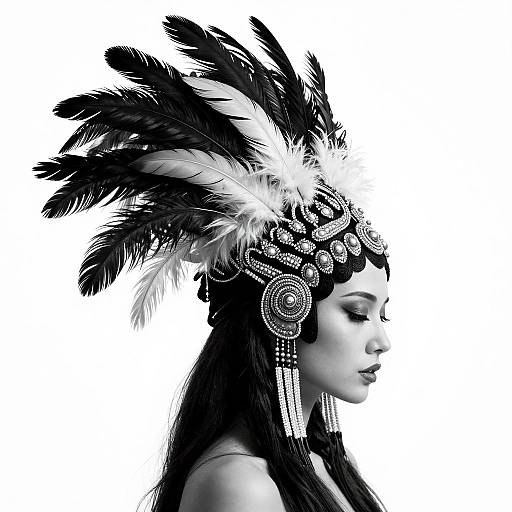 Black-and-white photograph of a Native American woman in profile, wearing a detailed feathered headdress with intricate jewelry, against a plain white background.