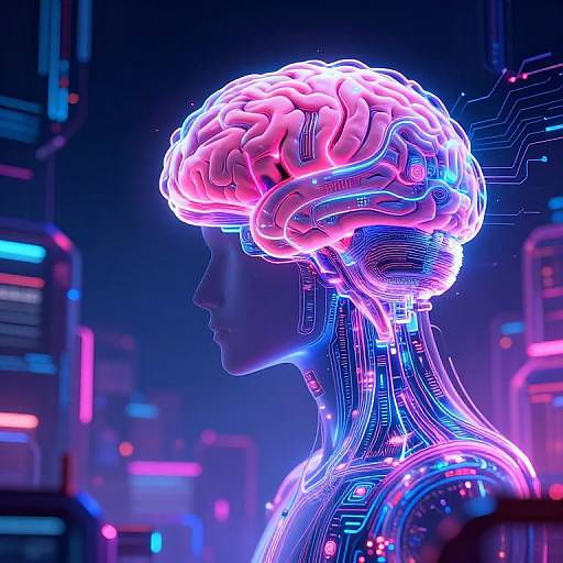 Neon-lit, futuristic CGI of a human profile with a glowing pink and blue brain, showcasing cybernetic circuitry against a cityscape backdrop