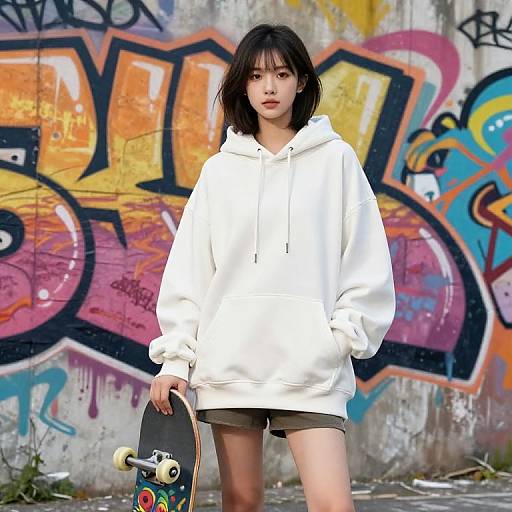 Photograph of an Asian teenage girl with black hair, wearing a white hoodie and gray shorts, holding a skateboard, standing against colorful graffiti-covered concrete wall