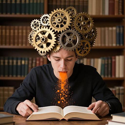 Man Reading Amidst Golden Gears