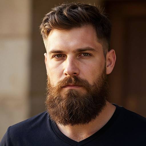 Photograph of a bearded man with short brown hair, wearing a black V-neck shirt, illuminated by sunlight, with a blurred background.