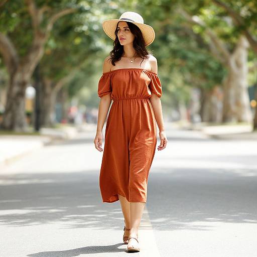 Photograph of a woman with long black hair, wearing an off-shoulder, rust-colored dress and straw hat, walking down a sunlit,