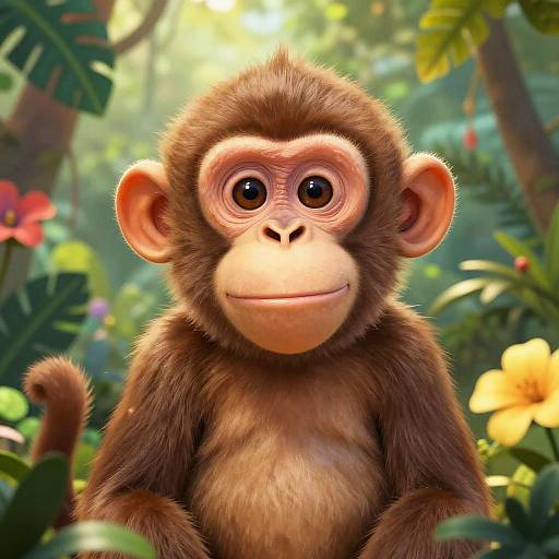 Cute CGI baby monkey with large, expressive eyes and soft brown fur, standing in a vibrant, sunlit jungle with colorful flowers and greenery.