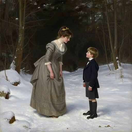 Victorian-era woman in gray dress and bonnet bends down to young boy in black suit and knee socks in snowy forest. Photorealistic painting.