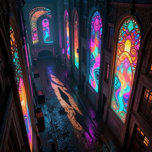 Photograph of a dimly lit, narrow cobblestone street with vibrant, neon-colored stained glass windows casting colorful light and shadows.