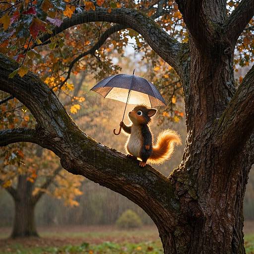 Photograph of a small, cute squirrel with a fluffy tail, holding a blue umbrella, standing on a tree branch in a rainy, autumn forest,