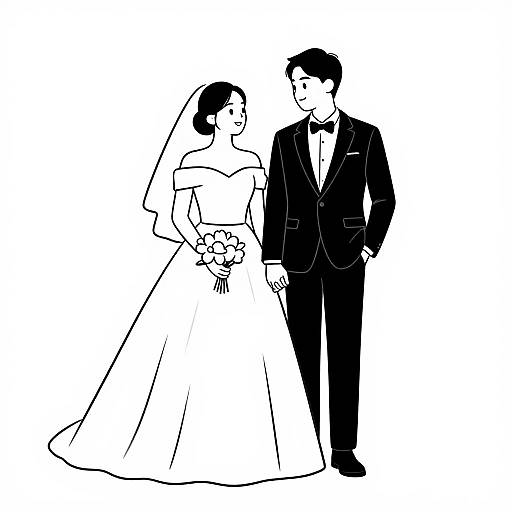 Black-and-white digital line drawing of a bride in an off-shoulder gown and veil, holding a bouquet, and a groom in a tux