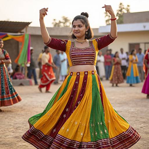 Photograph of a young Indian woman in a vibrant yellow, green, and maroon traditional lehenga, dancing with raised arms outdoors, surrounded by people