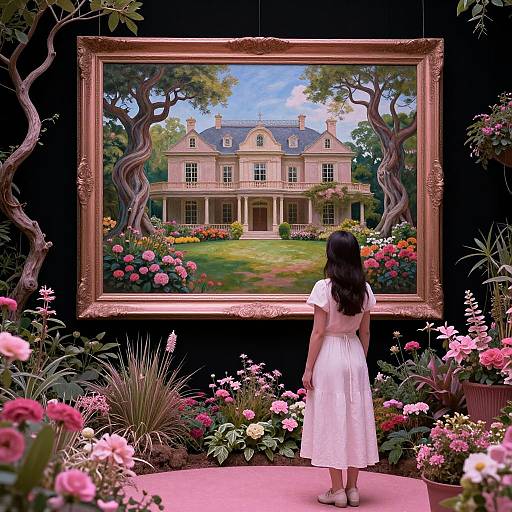 Woman in white dress gazes at a framed painting of a grand house with lush garden, surrounded by vibrant flowers.