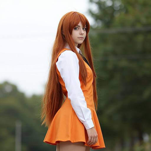 Photograph of a young woman with long, straight red hair, wearing a white long-sleeve shirt and orange dress, standing outdoors with a blurred