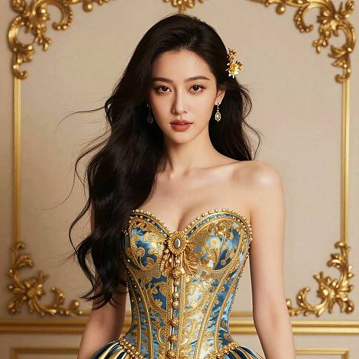 Photorealistic image of an Asian woman with long black hair, wearing an ornate blue and gold corset, gold floral hairpin, and earrings