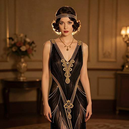 Vintage photograph of a fair-skinned woman with dark, wavy bob hair, wearing an elegant black beaded flapper dress with gold accents, standing