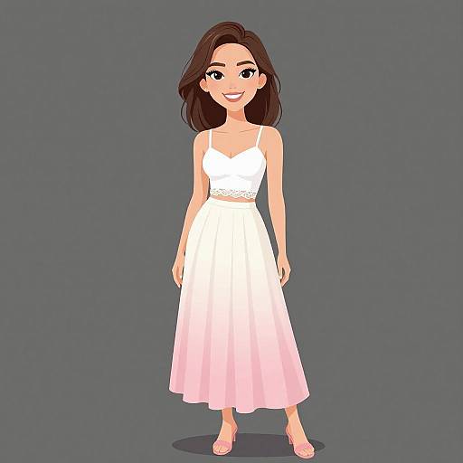 Digital illustration of a smiling woman with medium-length brown hair, wearing a white and pink gradient sundress, standing against a gray background.
