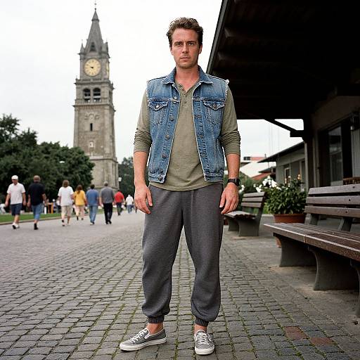 Photograph of a handsome, curly-haired man in a denim vest, olive shirt, and gray pants, standing on a cobblestone plaza with a
