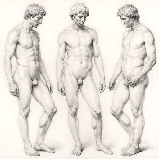 Black-and-white pencil drawing of three nude male figures standing in profile, displaying muscular physiques and uncircumcised genitals, with detailed shading and