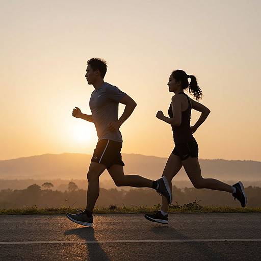 Silhouetted photograph of a man and woman jogging side-by-side at sunset on a road, with a hazy mountainous landscape in the background