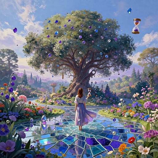 Digital fantasy artwork of a girl with brown hair in a white dress, walking on a blue-tiled path through a vibrant, magical garden with a giant