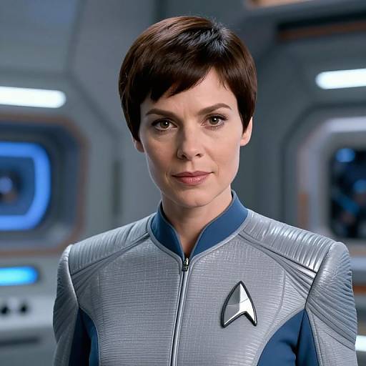 Photograph of a short-haired woman in a futuristic, gray Starfleet uniform with a triangular emblem, standing in a sci-fi spaceship interior.