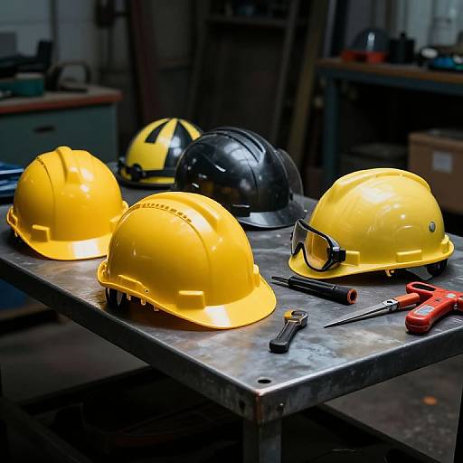 Industrial Safety Helmets on Metal Table