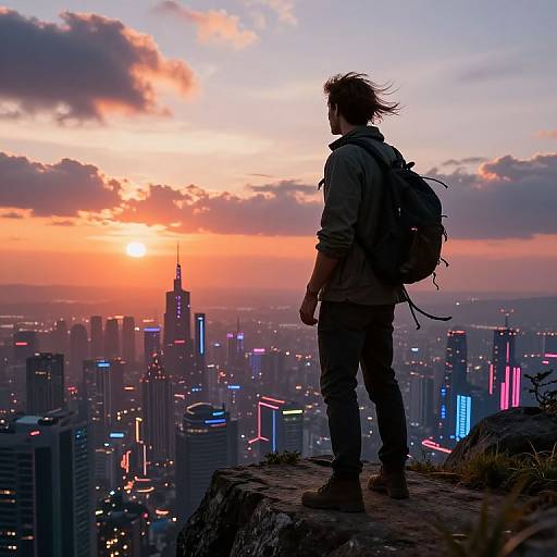 Silhouetted man with backpack stands on urban cliff, watching vibrant sunset over neon-lit city skyline, clouds tinged with orange. Photoreal