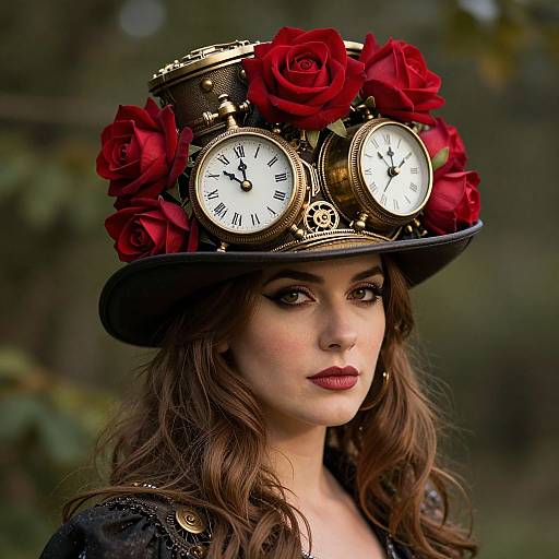 Steampunk woman with red rose-adorned clock hat, vintage-style clock faces, dark lipstick, and wavy brown hair, against a blurred