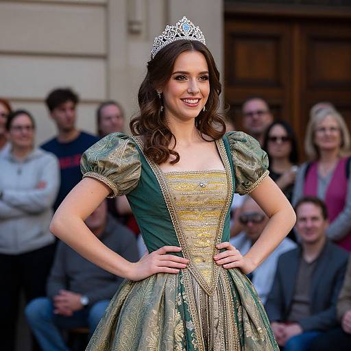 Photograph of a smiling brunette woman with wavy hair, wearing a silver tiara, green and gold medieval-style dress, posing confidently in front of
