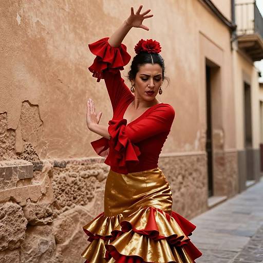 Photograph of a woman with dark hair in a red flower bun, wearing a red ruffled top and gold frilled skirt, dancing against a weather